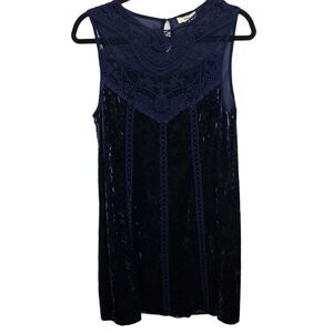 Entro Women's SZ M Velvet Crochet Lace Shift Mini Dress Sapphire Blue Sleeveless